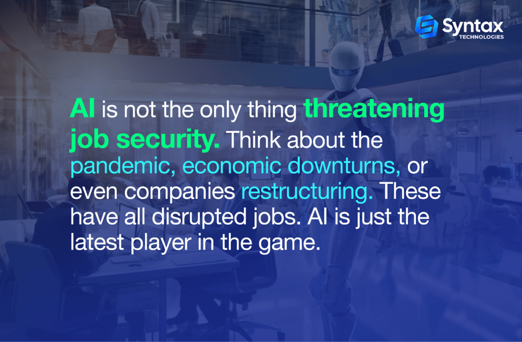 A futuristic office environment with a humanoid robot and text highlighting AI's role alongside other factors like economic downturns in affecting job security.