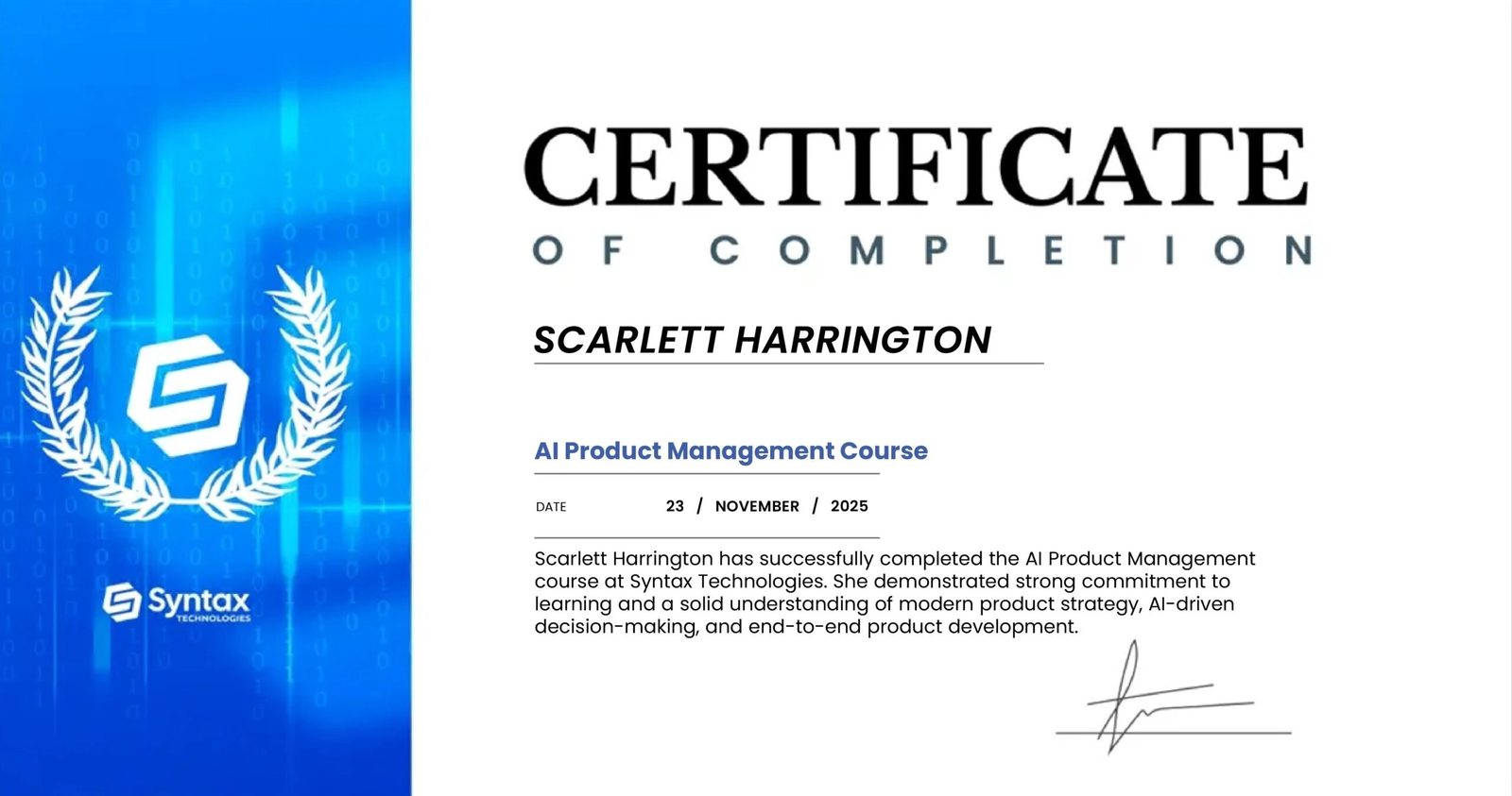 Syntax Technologies Certificate of Completion