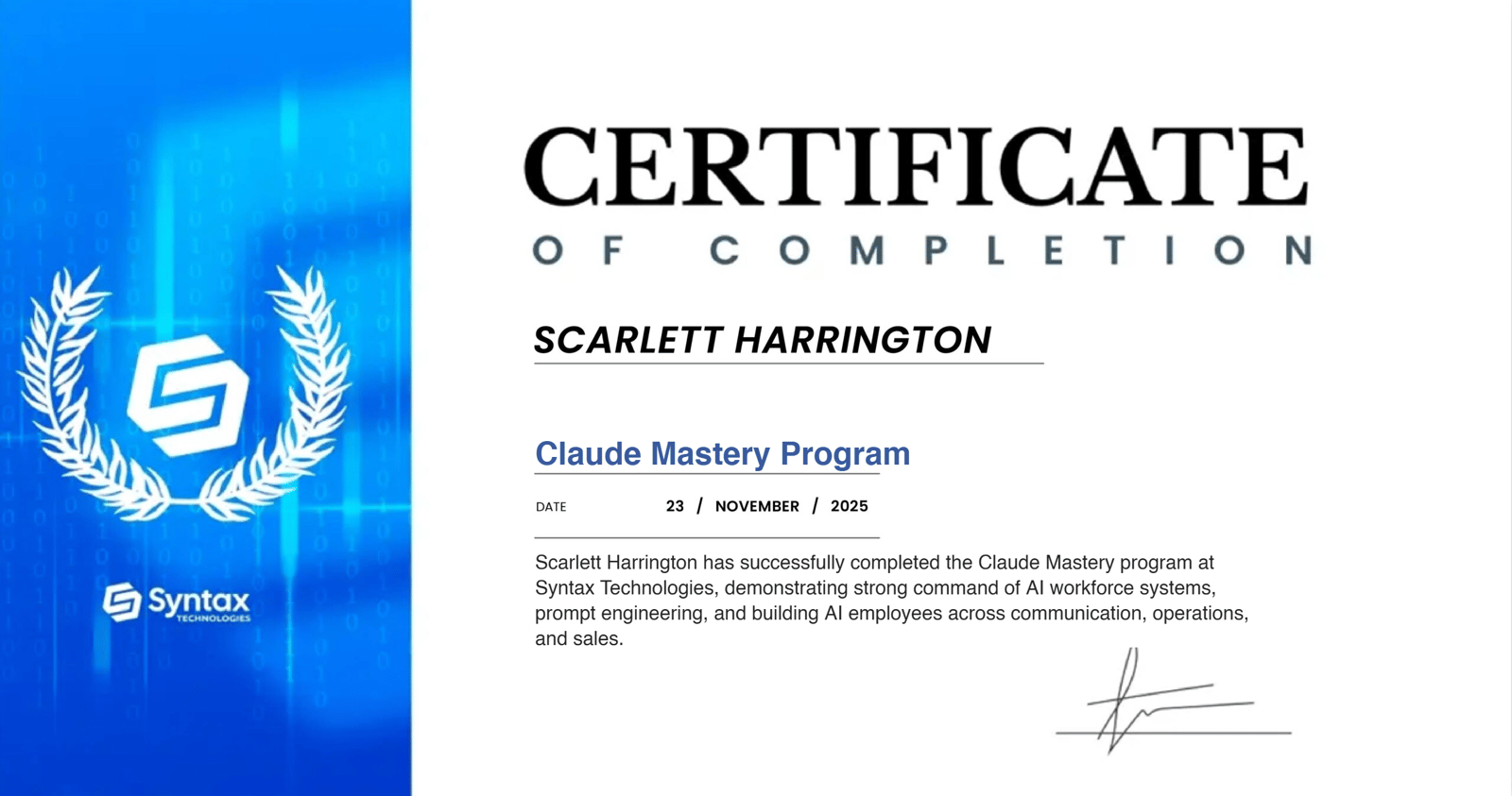 Syntax Technologies Certificate of Completion