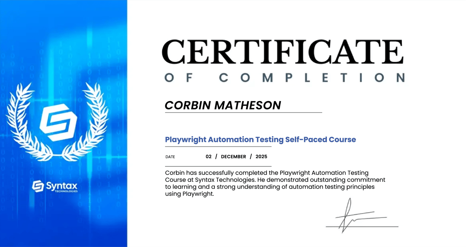 Syntax Technologies Certificate of Completion